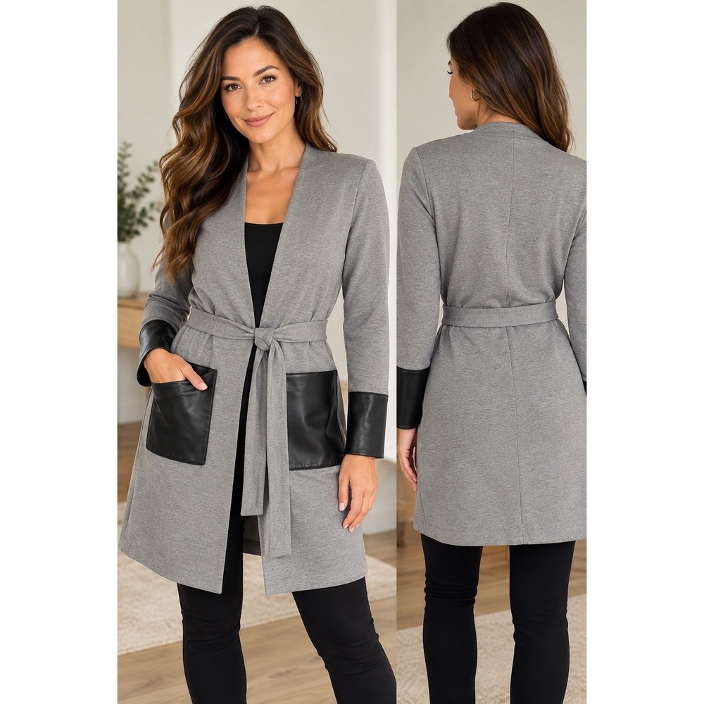 Calvin Klein Womens 10 Gray Faux Leather Trim Belted Long Cardigan Jacket